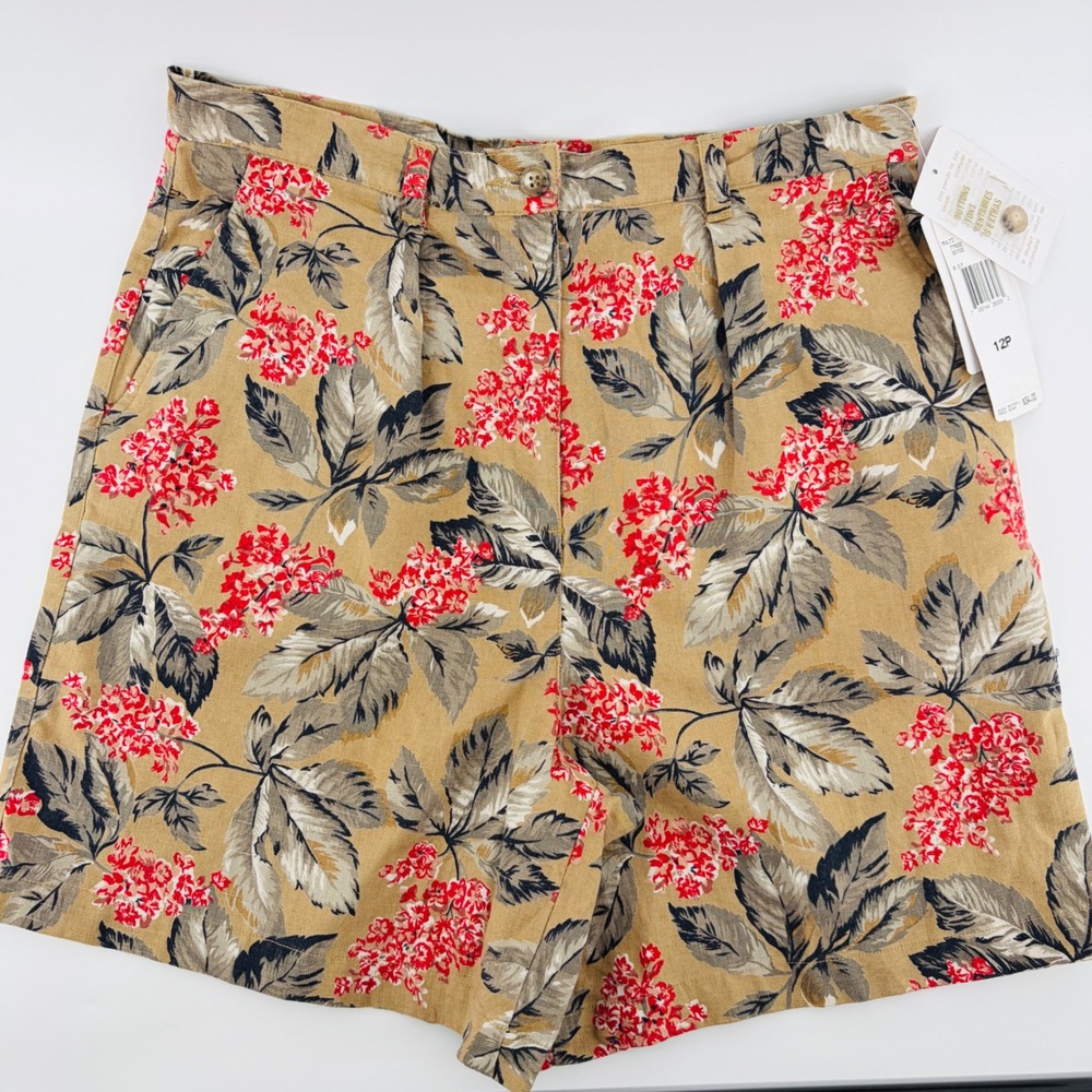 NEW Jones New York Shorts 12 Petite Floral Linen Tan Red Y2K Vintage High Rise